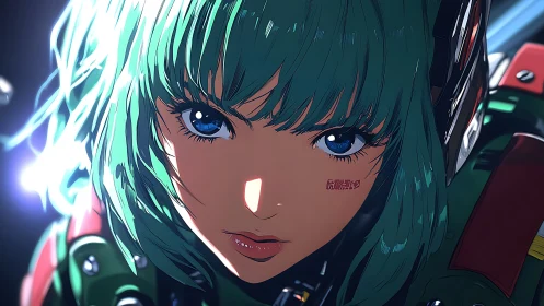 Futuristic pilot girl with teal hair in intense close-up.