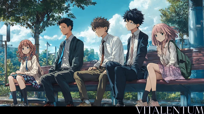 High school students on park bench in detailed anime scene.