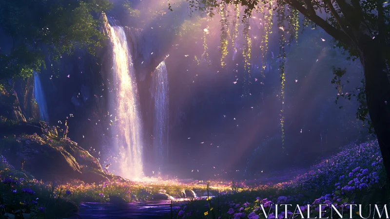 Enchanted forest waterfall under glowing twilight haze.