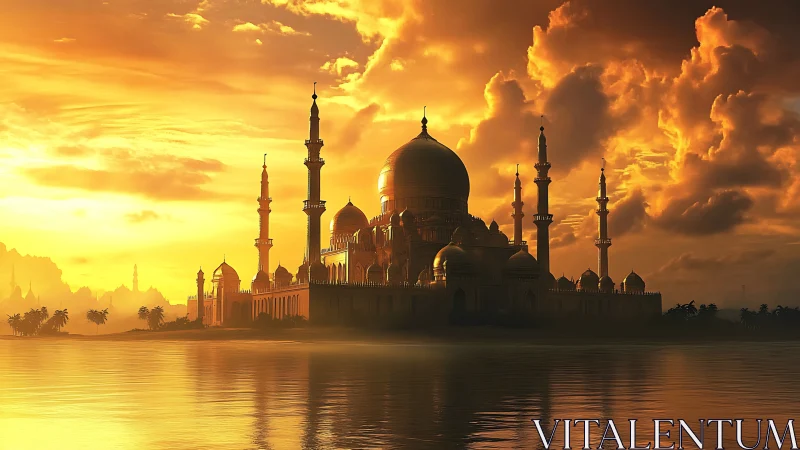 Sunlit domed palace complex stands against dense cloud bank