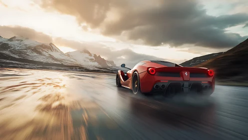 Red supercar accelerates on wet mountain road at sunset