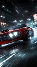 Red street predator slicing neon rain at midnight speed.