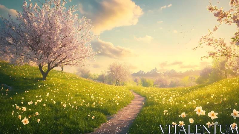 Gentle spring pathway meanders through sunlit blossom meadows