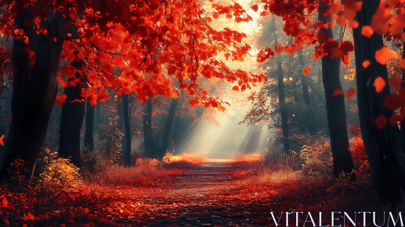 Autumn's Crimson Cathedral: Light Through Falling Fire.
