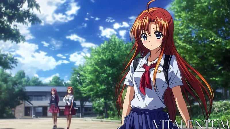 Red-haired schoolgirl walks through bright summer campus