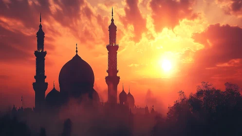 Silhouetted domed mosque and minarets in dramatic sunset haze