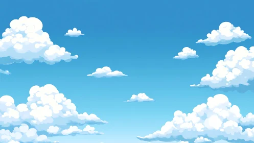 Cartoon blue sky with scattered fluffy white clouds.