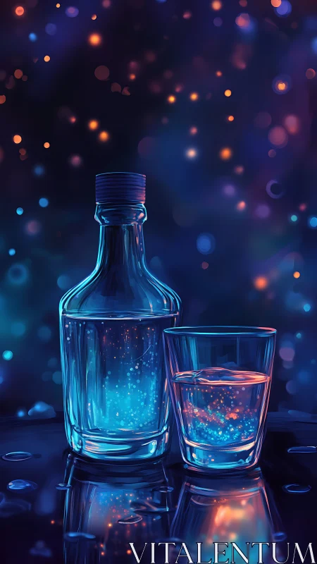 Glowing blue bottle and glass against blurred light bokeh.