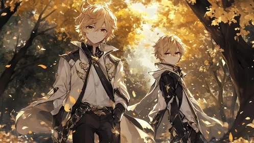 Golden-haired twins stand in an autumn forest of falling light