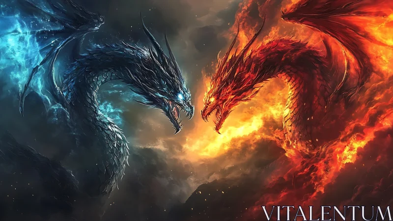 Elemental dragons collide in blazing blue and red fury.