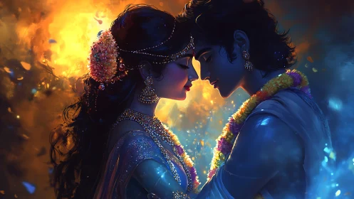 Radiant Encounter: Ornamental Bride and Groom in Golden Light.