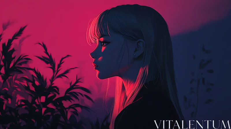 Neon side profile portrait under deep magenta dusk glow.