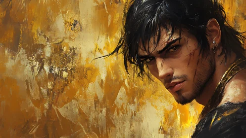 Storm-eyed wanderer against a wild golden horizon.