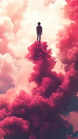 Silhouette figure standing on tall pink cloud formation