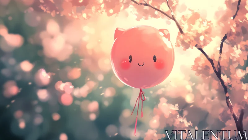 Anthropomorphic pink balloon amid bokeh cherry blossoms.