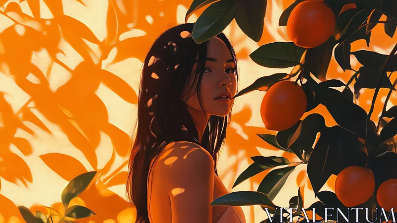 Woman stands among orange tree foliage in directional light