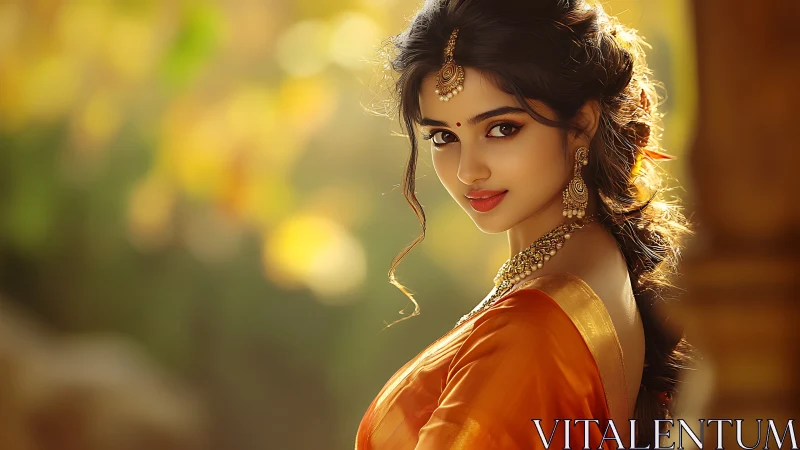 Golden-hour muse in silk sari with luminous gaze and grace.