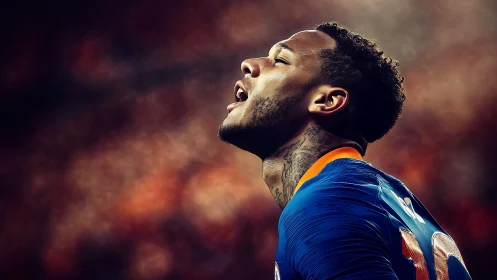 Soccer forward shouts skyward in dramatic stadium light.