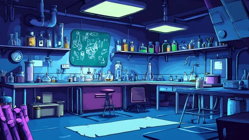 Cozy midnight laboratory filled with glowing curious bottles.