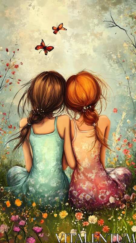 Two Sisters in Bloom: Back View Portrait with Butterflies and Wildflowers