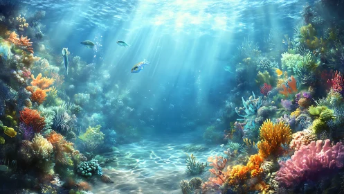 Sunlit coral kingdom where swirling fishes paint the blue.