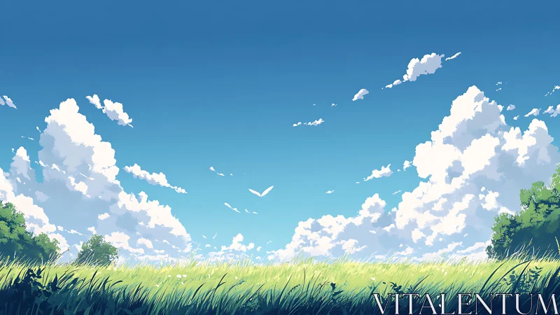 Expansive summer meadow under high cumulus clouds.