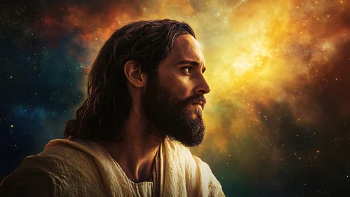 Starbright gaze stitches solemn humanity into glowing cosmos