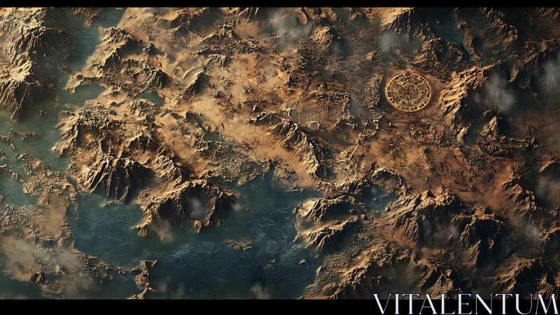 Ancient desert world map with luminous circular city gate.