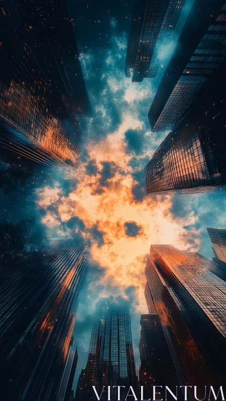 Vertical cityscape with reflective towers and vivid sky.