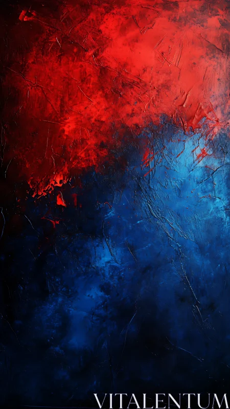 Textured red and blue abstract field in bold impasto color.