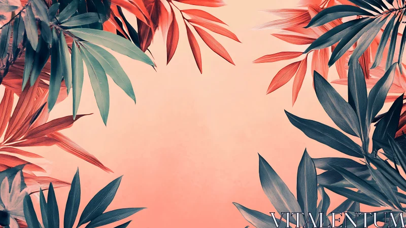 Coral dusk canopy of tropical leaves framing quiet air.