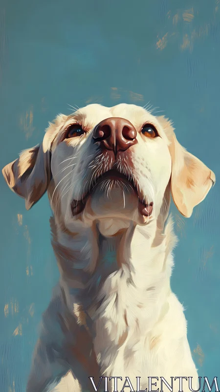 Digital portrait depicts light-colored dog against sky background