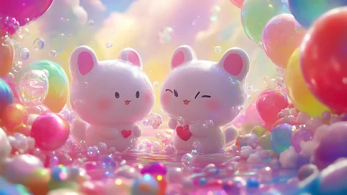 Two pastel bunnies share heartwarming joy in a bubble world