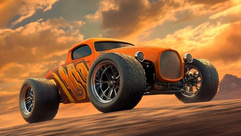 Sunset desert hot rod rumbles forward with bold orange style