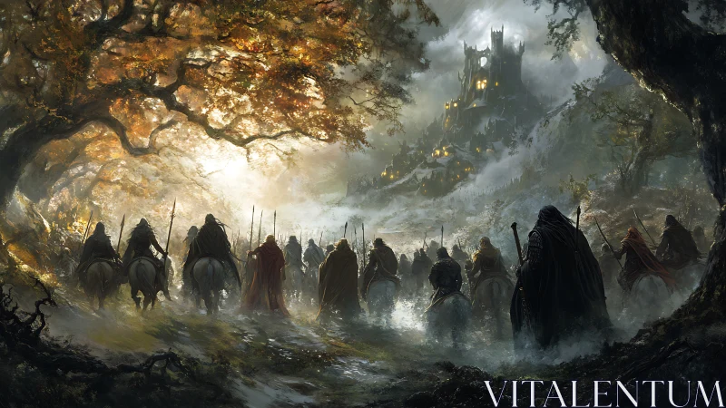Mounted cloaked riders advance through forest toward citadel.