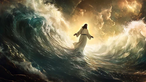 Figure in white robe standing amid towering ocean waves.