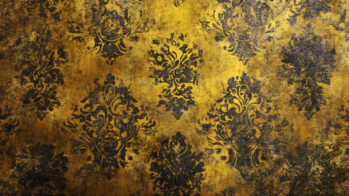 Aged damask wall pattern exhibits distressed metallic gold texture