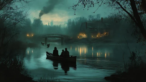 Nocturnal river crossing frames foglit cottage and distant spires