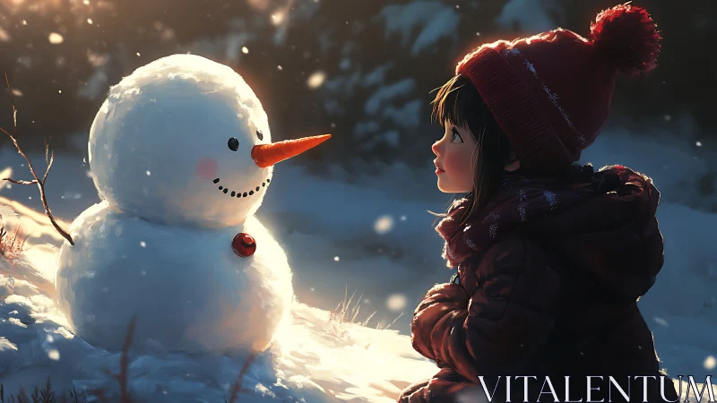 Quiet winter wonder: child sharing secrets with snowman.