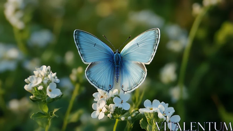 Blue butterfly rests symmetrically on white wildflowers
