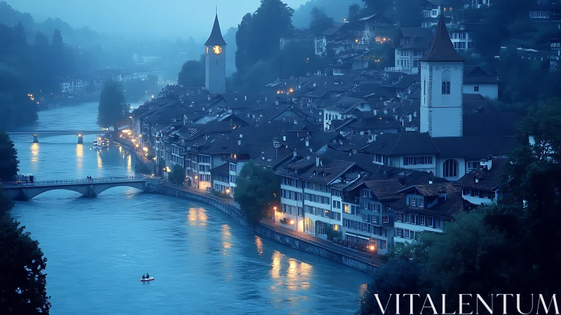 Riverfront European town at blue hour with lit streets.
