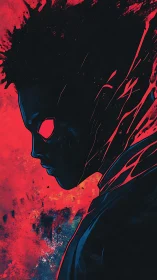Shadowed vigilante profile against blazing red void.