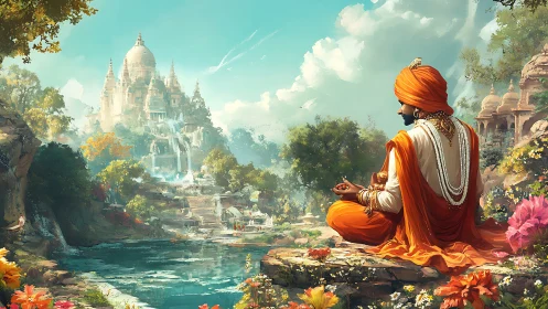 Meditating ascetic overlooking terraced temple waterfalls at dawn