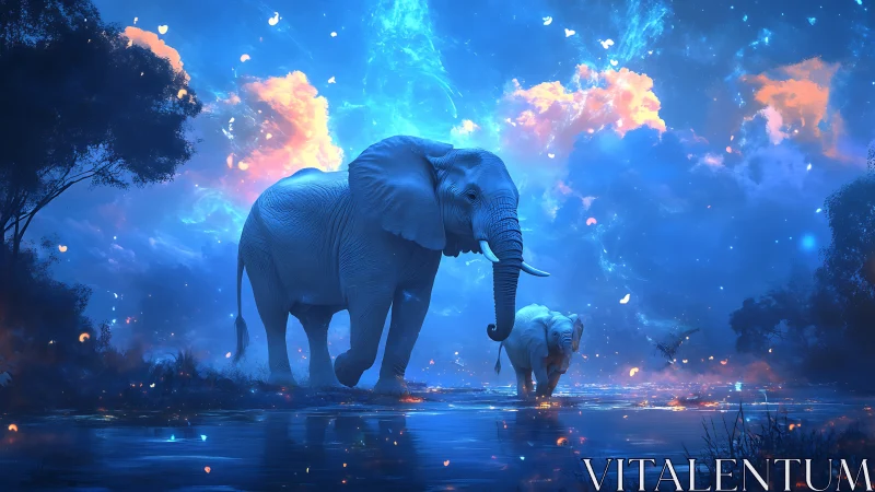 Celestial elephants crossing a luminous dreamlit lagoon.