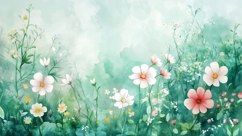 Watercolor Botanical Field: Layered Floral Composition with Atmospheric Transparency Effects