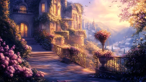 Terraced garden balcony overlooks sunlit fantasy hillside city