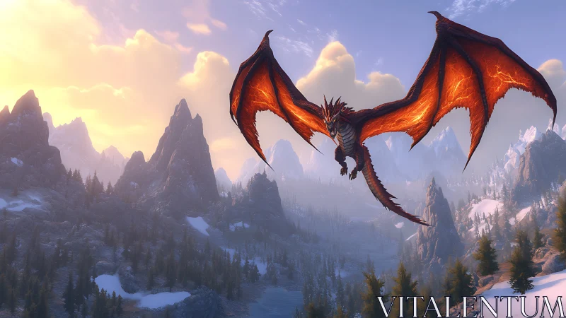 Fiery dragon soars over misty alpine peaks at golden hour