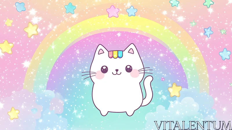 Kawaii unicorn cat floats before pastel rainbow sky.
