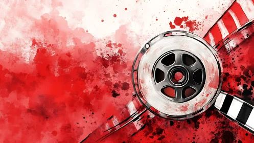 Cinematic film reel spins through bold red abstract energy
