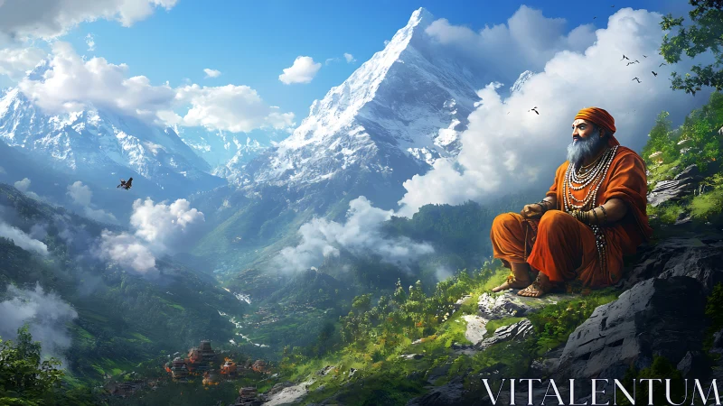 Mountain sage in orange robes overlooks deep alpine valley